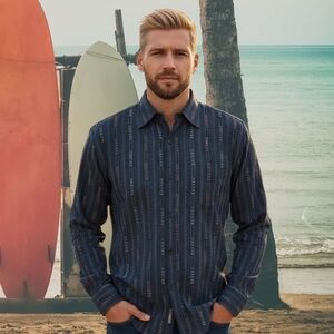 Tommy Bahama Long Sleeve Blue Button Down Shirt L Geometric Stripe Tencel Blend